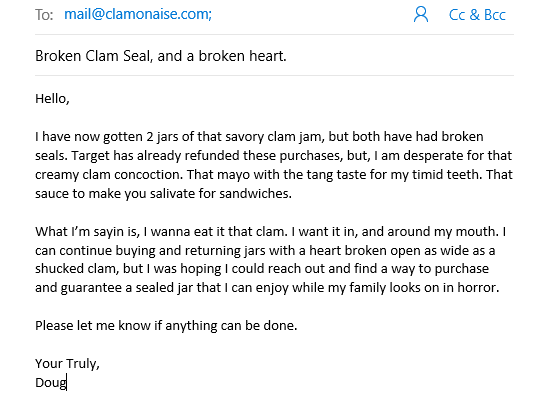 thedugdammit's tweet photo. I really hope it's actually @CAH that manages the emails for #clamonaise because otherwise whatever company is handling it is going to be horrified by my email... #cah #cardsagainsthumanity #cravinclams https://t.co/MknNgSdWxN