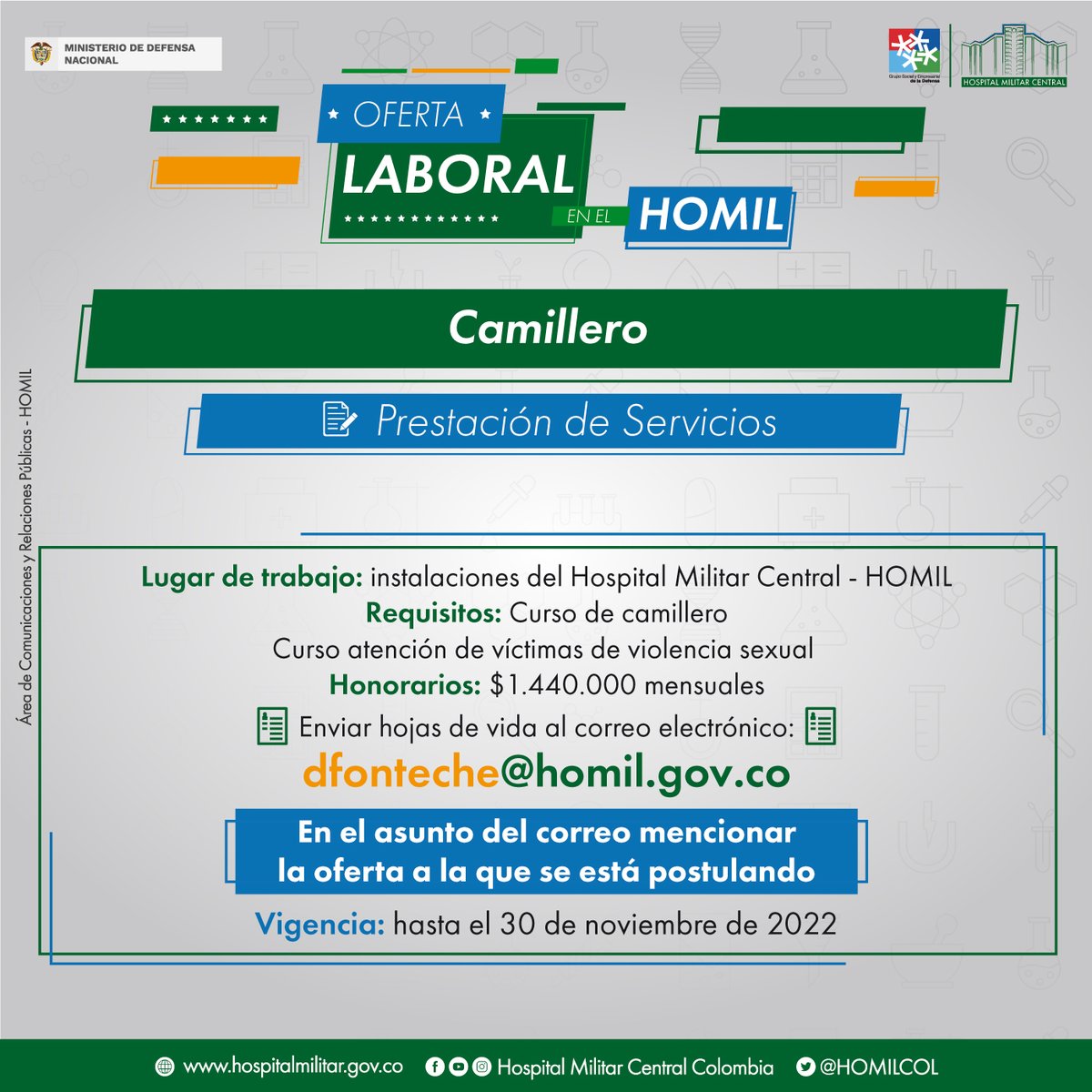MilitarCentral's tweet photo. #ofertaslaborales | El Hospital Militar Central cuenta con tres nuevas vacantes. Comparte esta información o postúlate si cumples con el perfil y quieres hacer parte de la gran familia HOMIL. https://t.co/p5rVd6oVEp