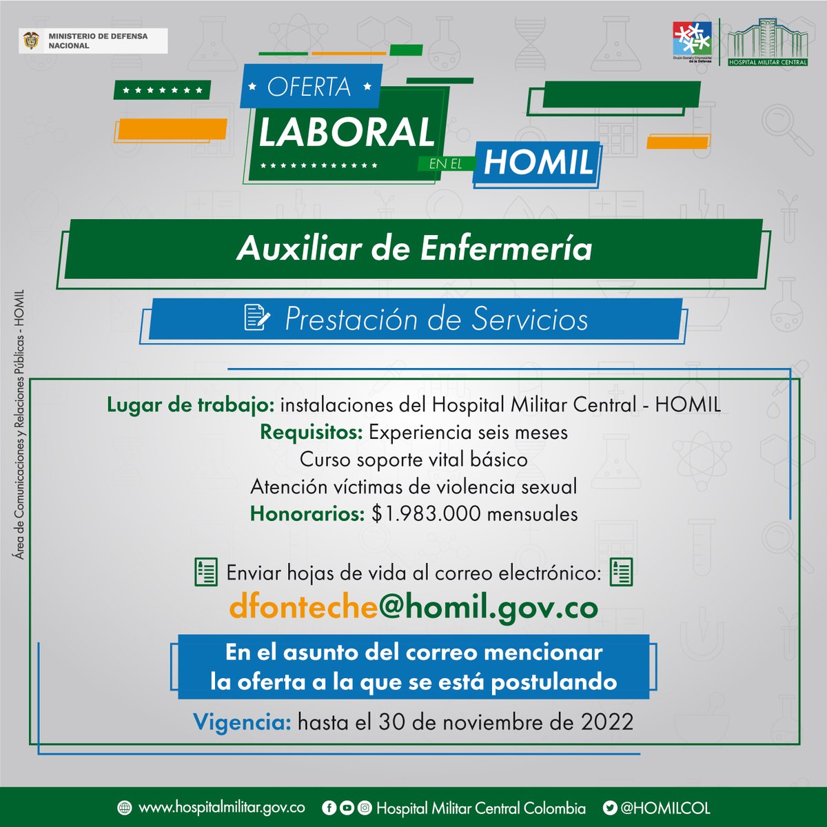 MilitarCentral's tweet photo. #ofertaslaborales | El Hospital Militar Central cuenta con tres nuevas vacantes. Comparte esta información o postúlate si cumples con el perfil y quieres hacer parte de la gran familia HOMIL. https://t.co/p5rVd6oVEp