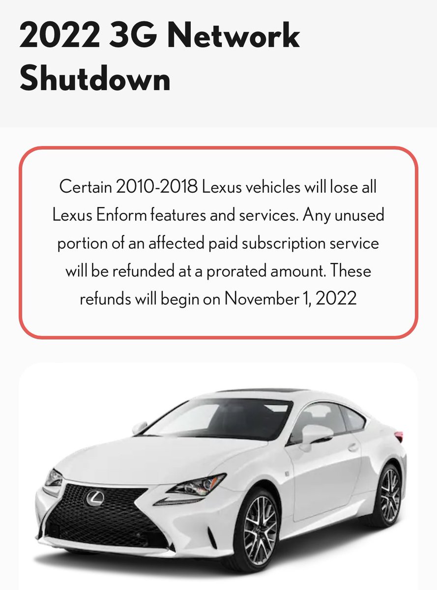 StanleyRoberts's tweet photo. Just lost any and all remote functions, including if my car is tampered with. 3G towers were shut down recently and according to @Lexus the only way to fix the issue is to upgrade to a new model 😳😳😳 https://t.co/mU1qTknodX