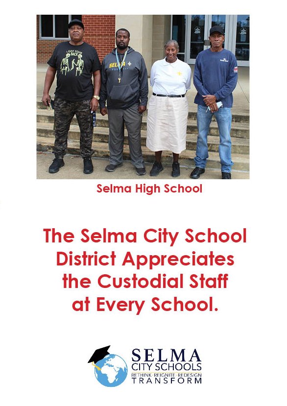 The Selma City School District would like to take time out to recognize all custodial staff members in our schools. Their hard work and dedication to ensuring that our scholars have a clean environment to learn is "never" unappreciated.