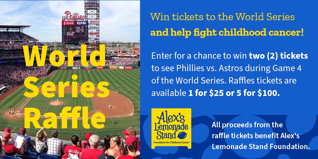 ⚾️ WORLD SERIES TICKET RAFFLE ⚾

Here’s your chance to win tickets to Game 4 of the World Series! #AlexsLemonade is raffling off two tickets for Tuesday night’s game. All proceeds from the raffle tickets will go to fund childhood cancer research.

🎟: worldseries.givesmart.com