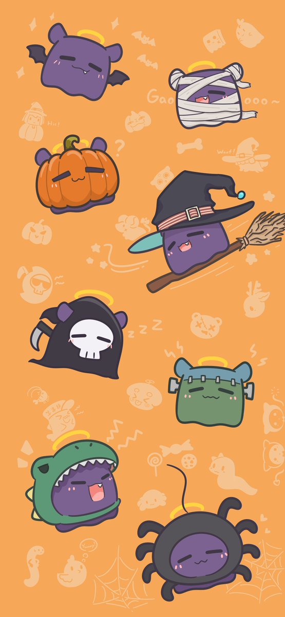takodachi (ninomae ina'nis) halo witch hat broom halloween hat bandages halloween costume  illustration images