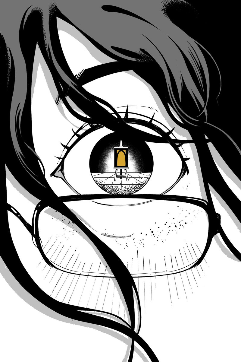 eye focus freckles glasses 1girl monochrome yellow eyes solo  illustration images