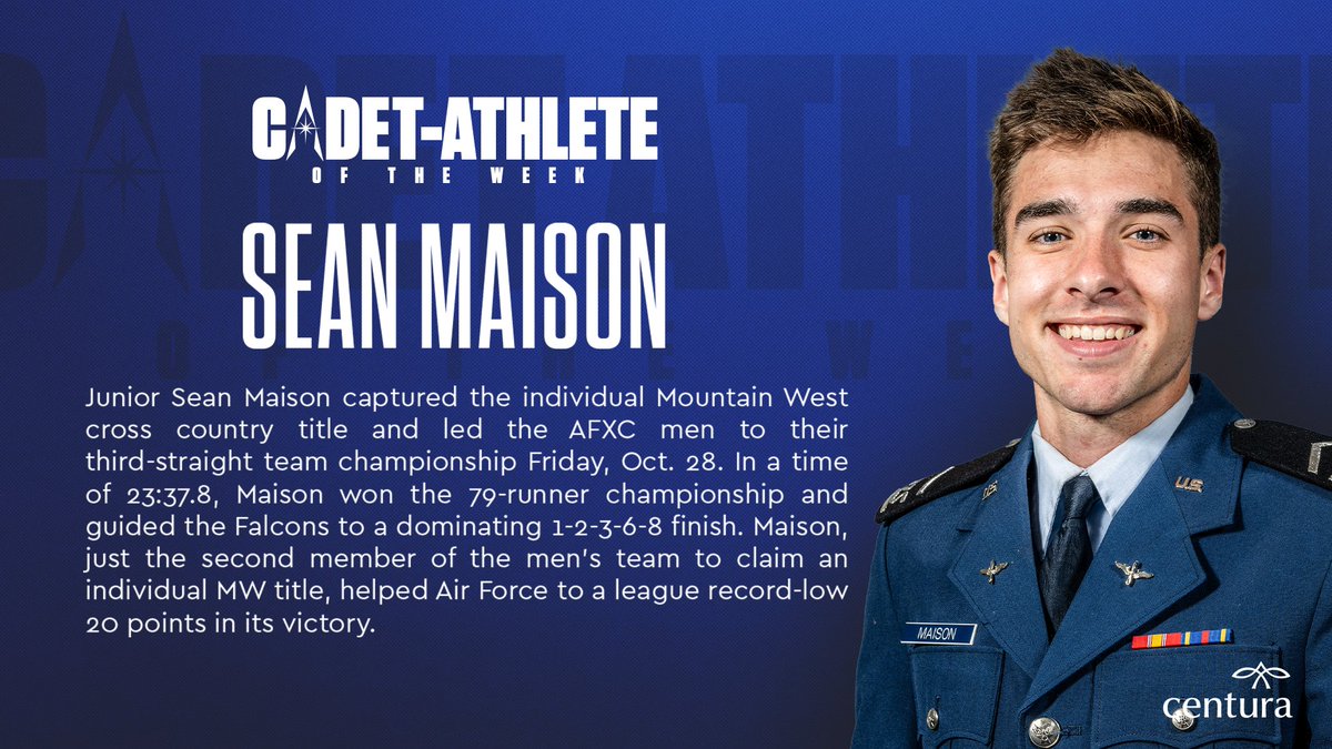 Congratulations to <a href="/AF_TFXC/">Air Force Track & Field/XC</a>'s Sean Maison, who claimed the <a href="/MountainWest/">Mountain West</a> title and is your Cadet-Athlete of the Week!