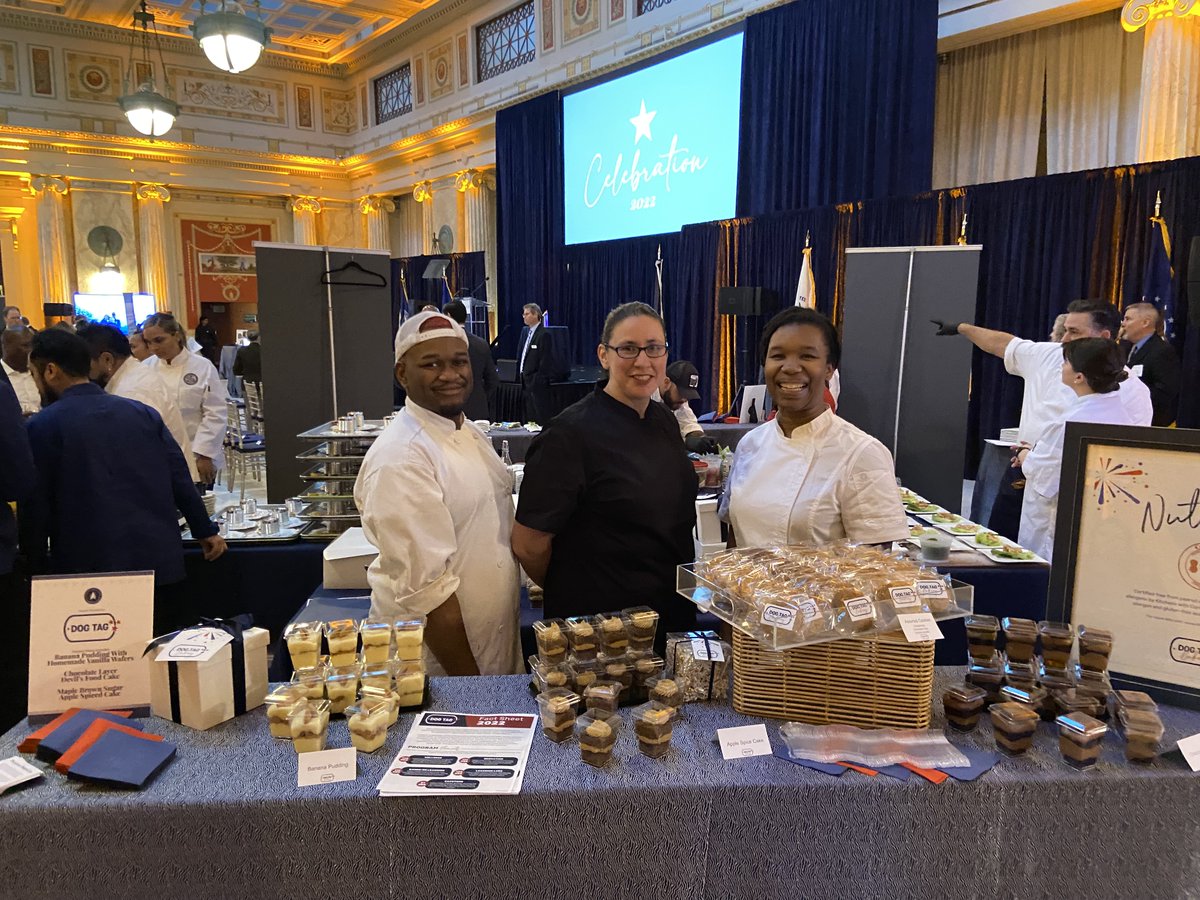 DogTagBakery's tweet photo. Dog Tag was honored to provide baked goods at last week's @BlueStarFamily Celebration. Our bakery General Manager Shanel Adams, Chef de Partie Ambre Ste Marie, &amp; Baker Malik Carroll served up banana pudding, brownies, &amp; cookies at this special event! https://t.co/0pT3qjUSEi