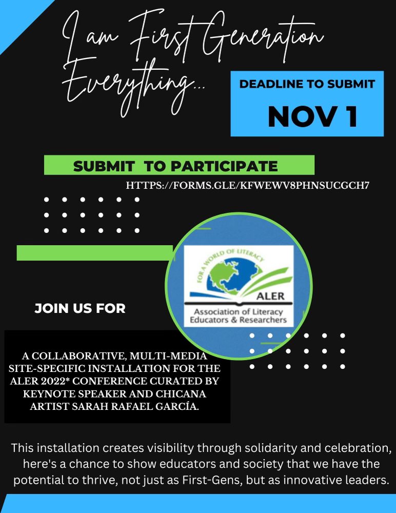1 DAY LEFT TO SUBMIT! Upload a picture of yourself with name, title(s) &amp; how you identify as 1st-gen — that’s it! 

With the images submitted, I’ll create a site-specific installation at <a href="/ALERonline/">ALERonline</a> conference in Denver.

Submit here: forms.gle/KfWEwv8pHnsuCg…