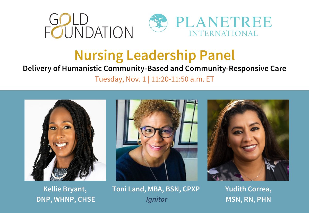 GoldFdtn's tweet photo. We are at @PlanetreeConf with 3 wonderful Gold sessions! The Nursing Leadership Panel features @kells333 of @ColumbiaNursing, @toni_land of Gold Corporate Council member @Medallia, &amp; Yudith Correa of @SantaRosaHealth at 11:20 a.m. on 11/1. #nursetwitter #Planetree22 https://t.co/bssPhPiMQP