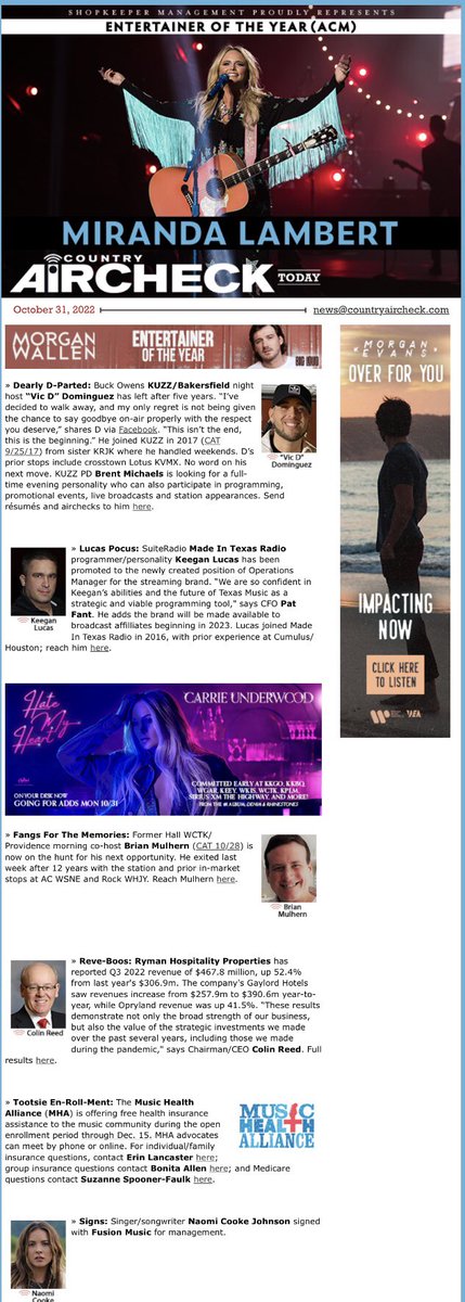 Find today’s radio, artist, and industry news and see where to watch artist appearances online and on television in today’s Country Aircheck Today here:

t.e2ma.net/message/05nmzu… 

#CountryMusic #Radio #Ratings #News