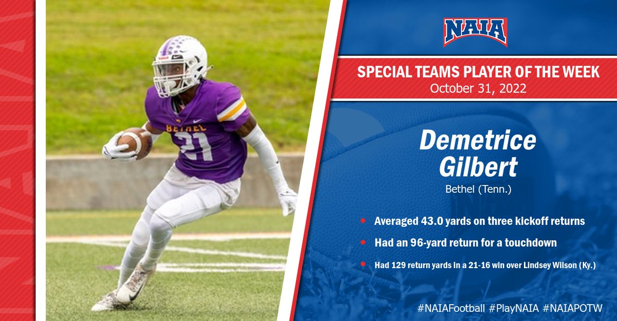 🏈| Demetrice Gilbert from @BUWildcats earns #NAIAFootball Special Teams Player of the Week. Learn More --> bit.ly/3f89bPo #NAIAPOTW #PlayNAIA #collegefootball