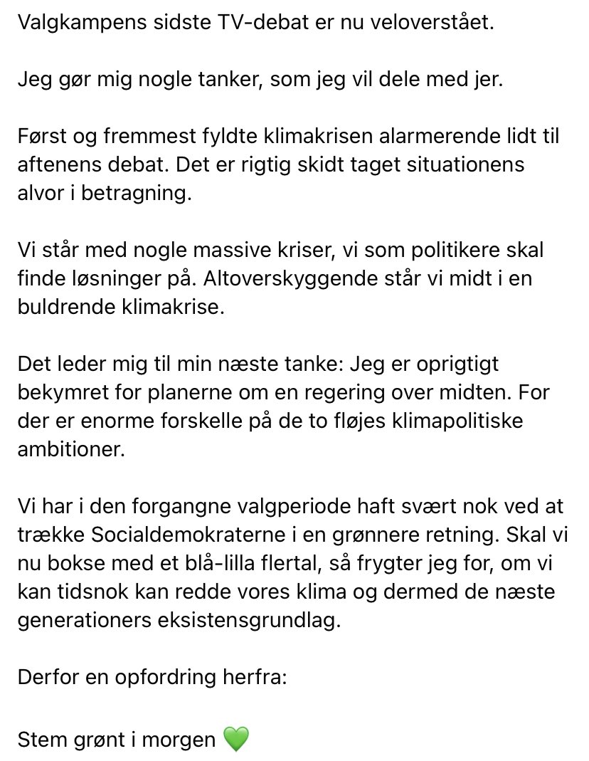 Mine tanker ovenpå valgkampens sidste TV-debat. Og en kraftig opfordring til i morgen 💚

#dkpol