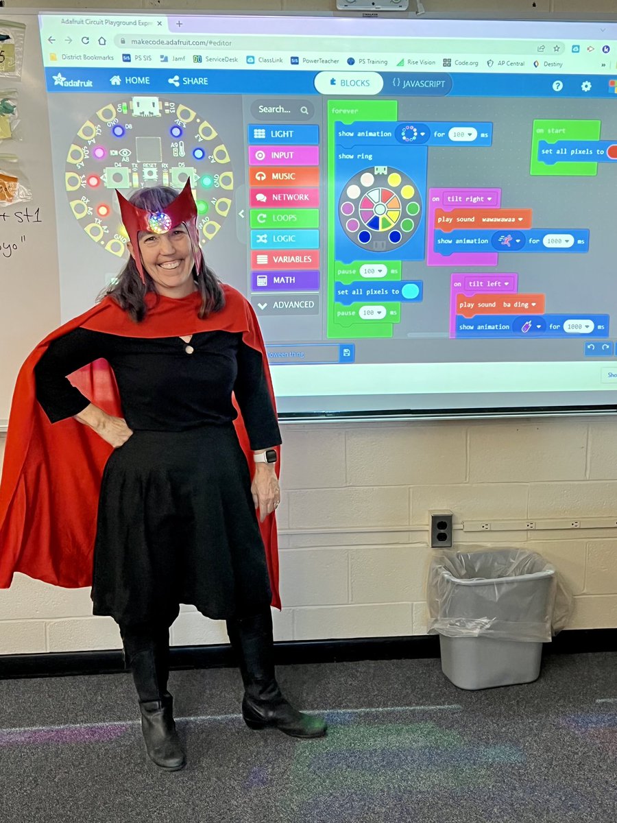 MrsPollardprime's tweet photo. Today in AP CSP, we took a break from @codeorg to use #makecode and program the @adafruit #circuitplayground on my Wanda headdress. @CSTANH1 https://t.co/vzVrLHFCec