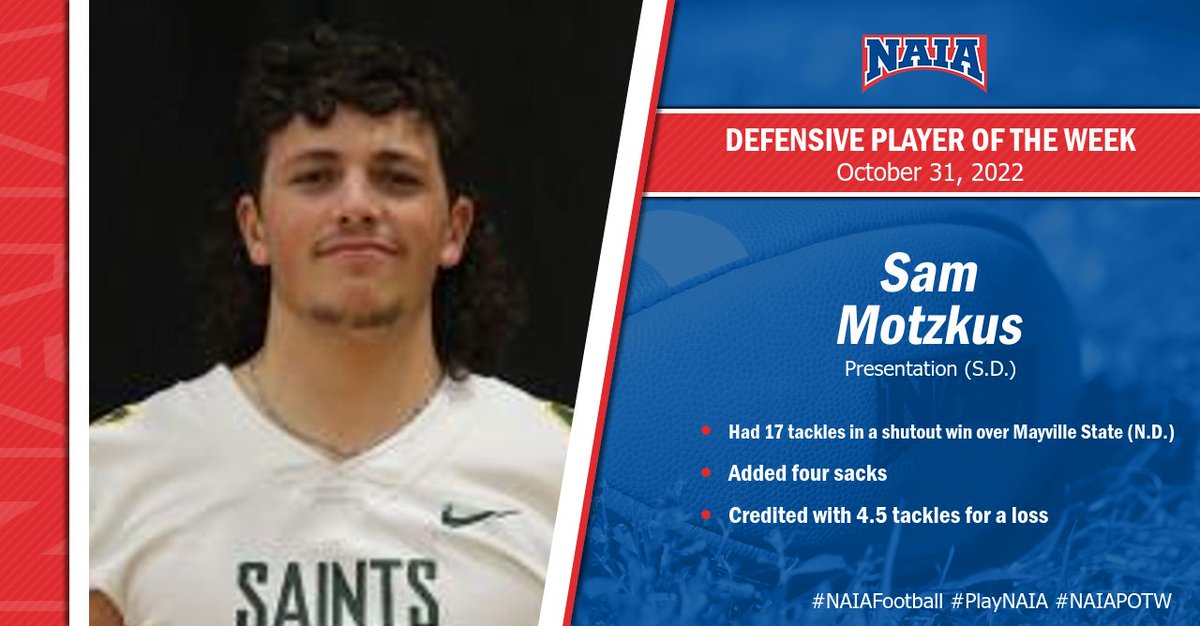 🏈| @PCSaints' own Sam Motzkus takes home #NAIAFootball Defensive Player of the Week. Learn More --> bit.ly/3f89bPo #NAIAPOTW #PlayNAIA #collegefootball