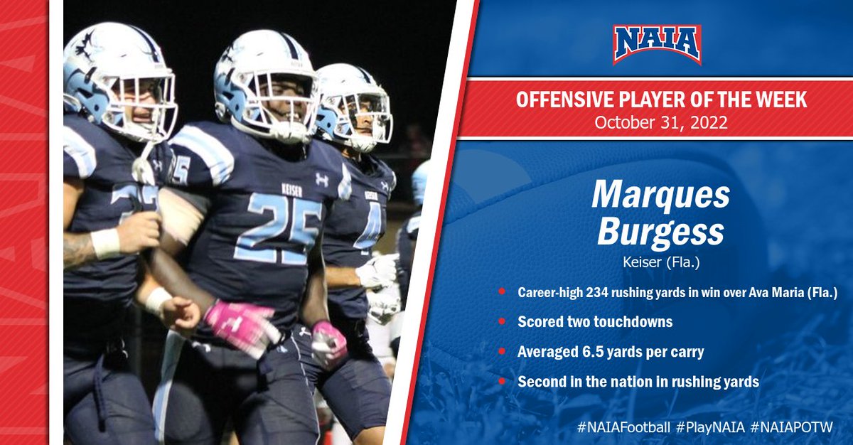🏈| Marques Burgess from @KUSeahawks is announced as #NAIAFootball Offensive Player of the Week. Learn More --> bit.ly/3f89bPo #NAIAPOTW #PlayNAIA #collegefootball