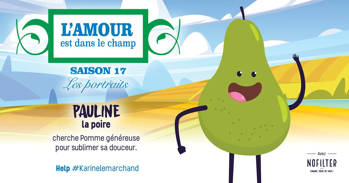 ❤️C'’est l’Amour est dans le Pré sur <a href="/M6/">M6</a>, mais l'amour est aussi dans le champ avec <a href="/NoFilterFrance/">NoFilter</a> ! 🥰 #Help <a href="/KarineLMOff/">Karine Le Marchand</a> peux-tu nous aider à trouver l'amoureux de Pauline la poire ? 
💕 Nos candidats aussi cherchent l’amour ! Aidez-nous à les marier ! #Help #adp2022 #ADP22