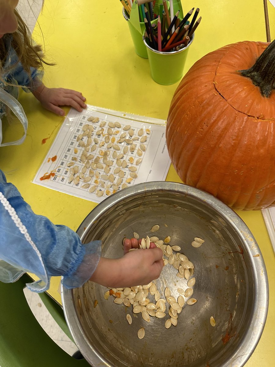 VVClachrie's tweet photo. We had so much fun doing pumpkin math! We predicted which of our two pumpkins would have more seeds, and then we used 100s charts to help us count them. Both pumpkins had over 300 seeds! https://t.co/39snkrto4D