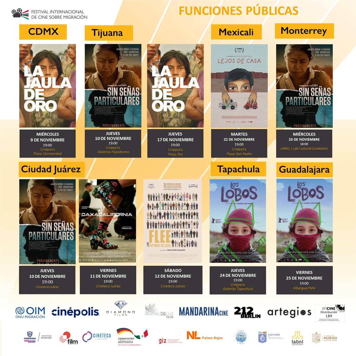 OIM_Mexico's tweet photo. 📽️ ¡La edición 2022 del Festival Internacional de Cine sobre Migración #GMFF ha llegado a 🇲🇽! 

Compartimos la selección oficial del 8 al 25 de noviembre para apartar tu lugar en ➡️ https://t.co/SLugu1q47d  

 Gracias a todos l@s soci@s que lo hacen posible. https://t.co/PtnzE3ZUt0