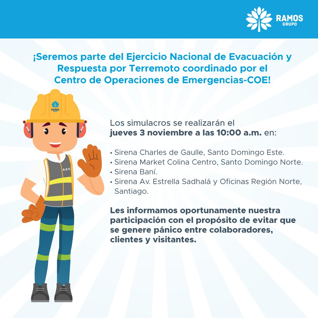Este jueves 3 de noviembre mantente al tanto de los simulacros de evacuación en caso de #Terremoto coordinados por el <a href="/COE/">Council of Europe</a> y el <a href="/Mtrabajord/">Ministerio de Trabajo 🇩🇴</a> 

Contamos con tu atención y colaboración para el éxito de este ejercicio.
