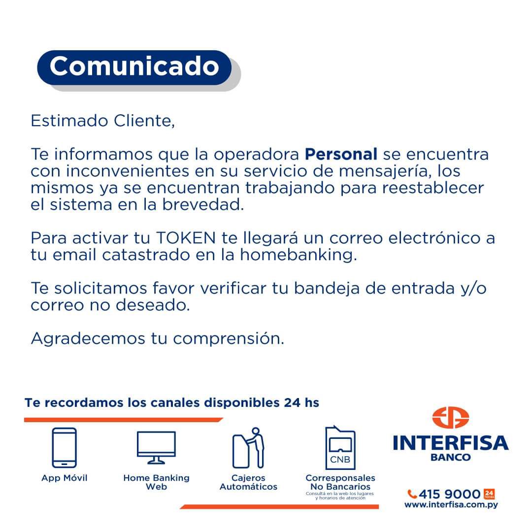 Interfisabanco's tweet photo. Atención clientes,

Informamos que la operadora Personal se encuentra con inconvenientes en el servicio de mensajería.

Estaremos informando una vez que el servicio sea restablecido.

Agradecemos tu comprensión

Muchas gracias. https://t.co/K7jjHrYKJm
