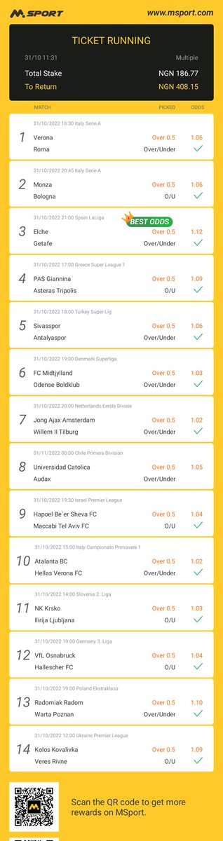 juwonlobetter's tweet photo. This is my bet ticket on MSport: Stake ₦186.77, To return ₦408.15! Extra ₦100,000 Giveaway for everyone:
https://t.co/lMHmbZ9Ias https://t.co/OZbPkPHAah