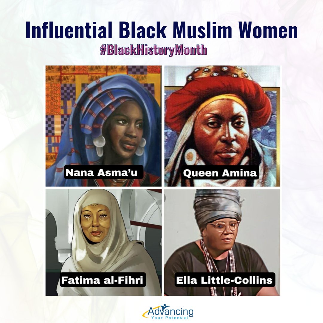 advancingyou's tweet photo. Four influential Black Muslim women who deserve recognition for their exceptional work. 1)Nana Asma’u 2) Queen Amina 3) Fatima al-Fihri 4) Ella Little-Collins 
https://t.co/muUoJv0n2U
https://t.co/8tW4k71QZj
#blackwomen #muslimwomen  #BlackHistoryMonth
https://t.co/9CdUHKv9mA https://t.co/XzD2KCNICb