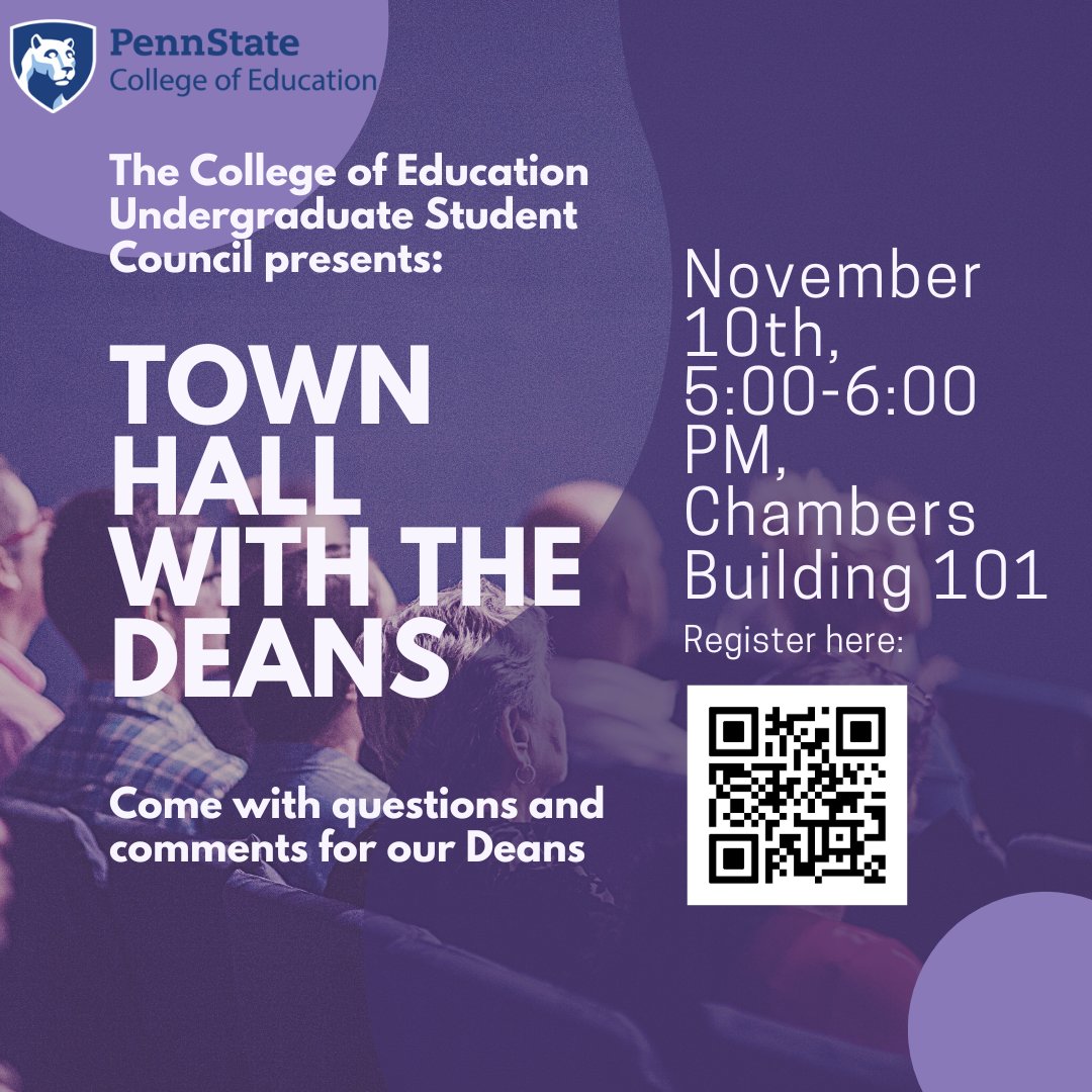 Penn State College of Education Student Council (@psu_esc) on Twitter photo Happy Halloween <a href="/PSU_CollegeOfEd/">Penn State College of Education</a>! We are proud to announce that Town Hall with the Deans will be returning on Thursday, November 10th from 5-6pm in Chambers Building. Please utilize the QR code above to submit any questions or concerns for the Deans to address. See you there! Happy Halloween <a href="/PSU_CollegeOfEd/">Penn State College of Education</a>! We are proud to announce that Town Hall with the Deans will be returning on Thursday, November 10th from 5-6pm in Chambers Building. Please utilize the QR code above to submit any questions or concerns for the Deans to address. See you there!