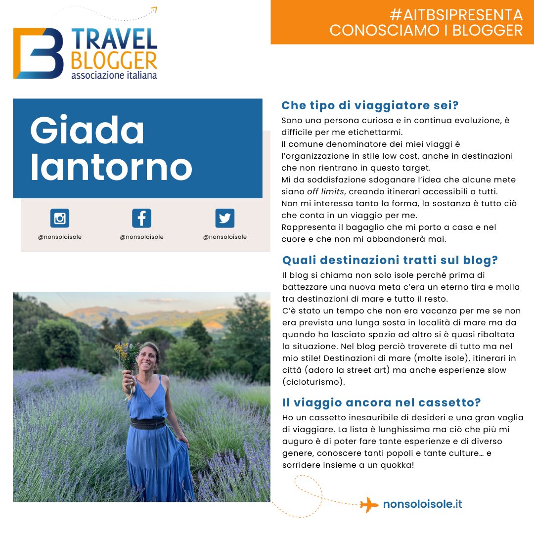 Oggi in #AITBsipresenta è la volta della presentazione della #travelbloggerit Giada Iantorno di <a href="/nonsoloisole/">Non Solo Isole Travel Blog</a> : Giada racconta di viaggi #lowcost, creando itinerari che siano alla portata di tutti. Dove ci porta? Località di mare, città e borghi ed anche itinerari cicloturistici.