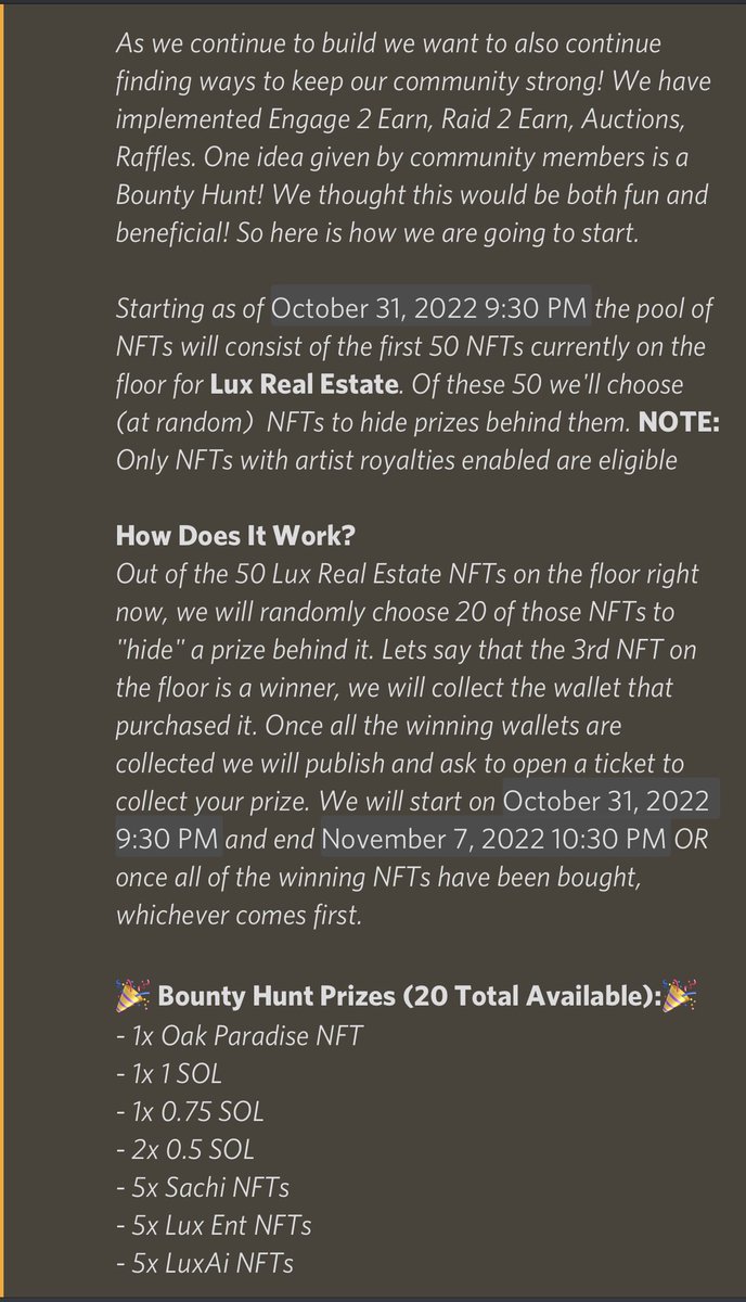 LUX (@wearelux_space) on Twitter photo Bounty Hunt for LUX Real Estate collection is live now for one week. Win <a href="/OakParadiseNFT/">Oak Paradise | oak.bet</a> , SOL and other NFTs with 50% chance to win. Check out announcement below for more information on how it works.
🔗 magiceden.io/marketplace/lu… Bounty Hunt for LUX Real Estate collection is live now for one week. Win <a href="/OakParadiseNFT/">Oak Paradise | oak.bet</a> , SOL and other NFTs with 50% chance to win. Check out announcement below for more information on how it works.
🔗 magiceden.io/marketplace/lu…