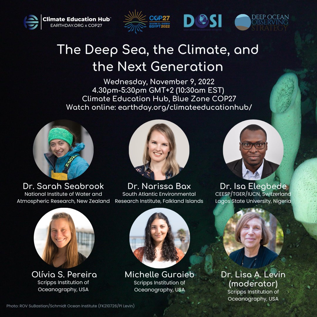 🚨Time change!🚨 These Early Career Researchers will be sharing their visions for including the #deepsea in climate policy at 4:30pm/10:30am EST on Nov. 9th. Please share this flyer, and make sure to tune in during #COP27!