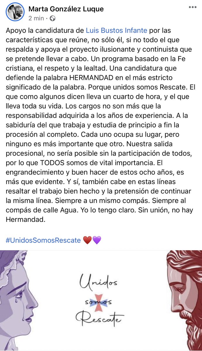 martaglezl91's tweet photo. Yo lo tengo claro. Sin unión, no hay Hermandad. @Luisbustos79 #UnidosSomosRescate ♥️💜 https://t.co/Vz9be1XZoo