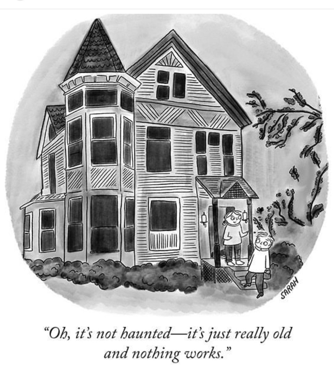 #5thgrade artists! A little cartoon from the @NewYorker especially for you on Halloween! From what period is this house? What design details prove that?! @PDSD_Pennell @CoebournES @MrsCarlin202 @MrsMcDougall200 @MrsBlaisse @MrsFrei1 @MsSnyders_Class