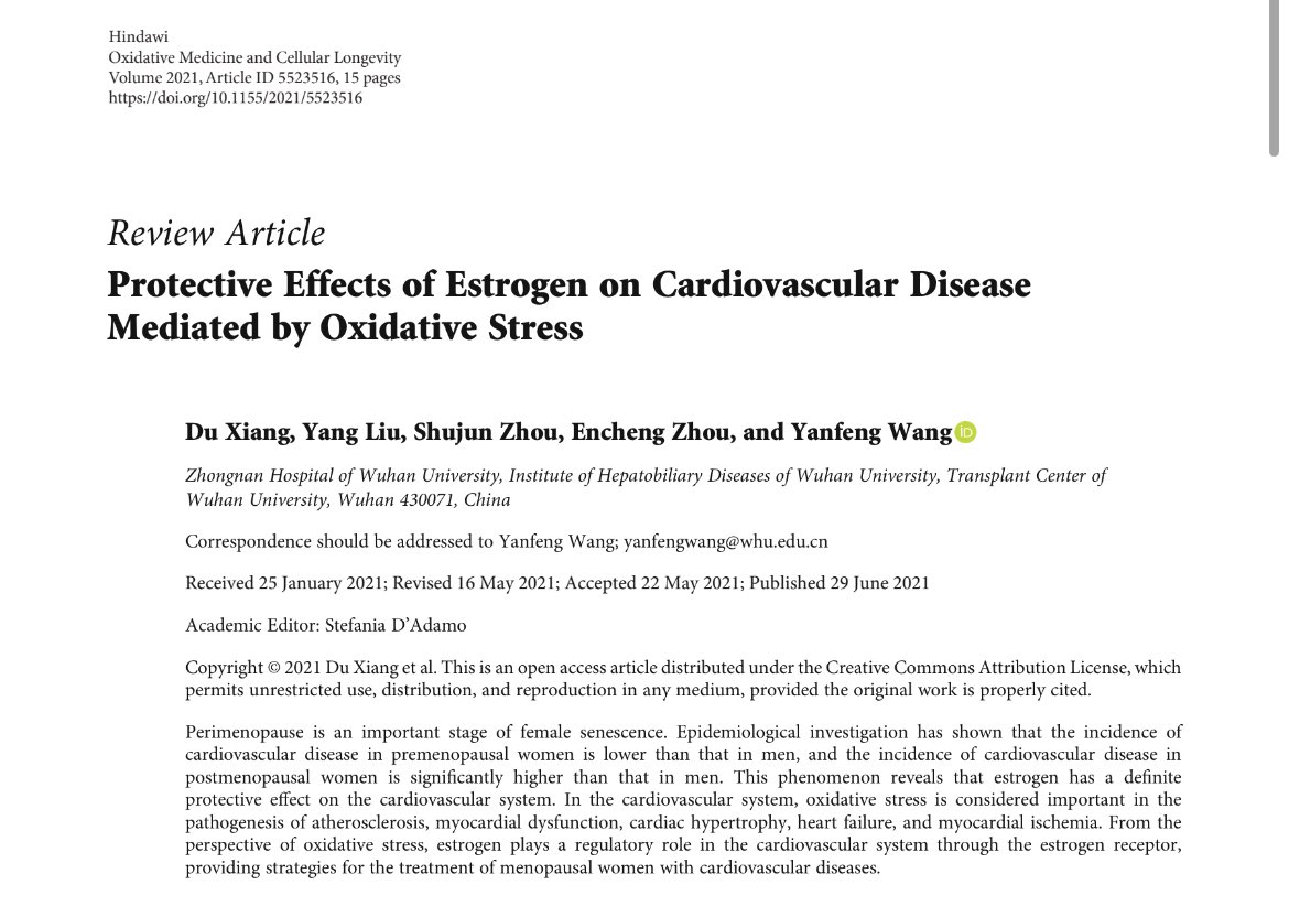 “postmenopausal women are more likely to undergo oxidative stress than women of reproductive age, and the incidence of cardiovascular disease increases.” “Estrogen has a protective effect on the cardiovascular system” bit.ly/3fiS8KT