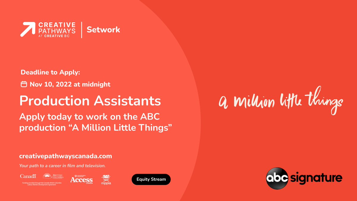 Looking to get your start in #BCFilm? Apply today to work as as a Production Assistant on the ABC Signature production <a href="/AMillionABC/">A Million Little Things</a>! Deadline to apply: November 10, 2022 at midnight

Learn more and view eligiblity here: creativepathwayscanada.com/opportunities/…