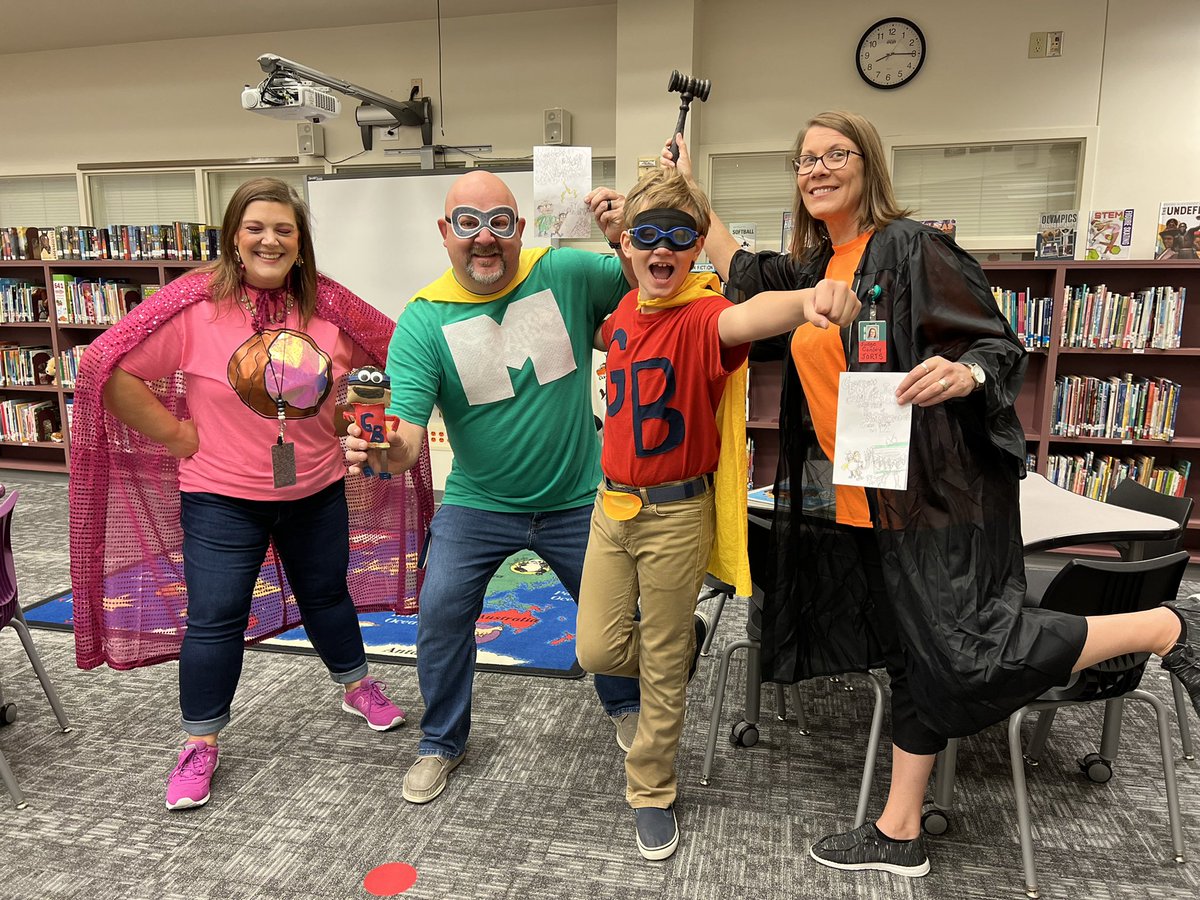 #jeffkinney you inspired our student to create his own books for book character day.  He made his teachers into super heroes.  I love that my students get inspired by others and that they find a love of reading! #diaryofawhimpykid