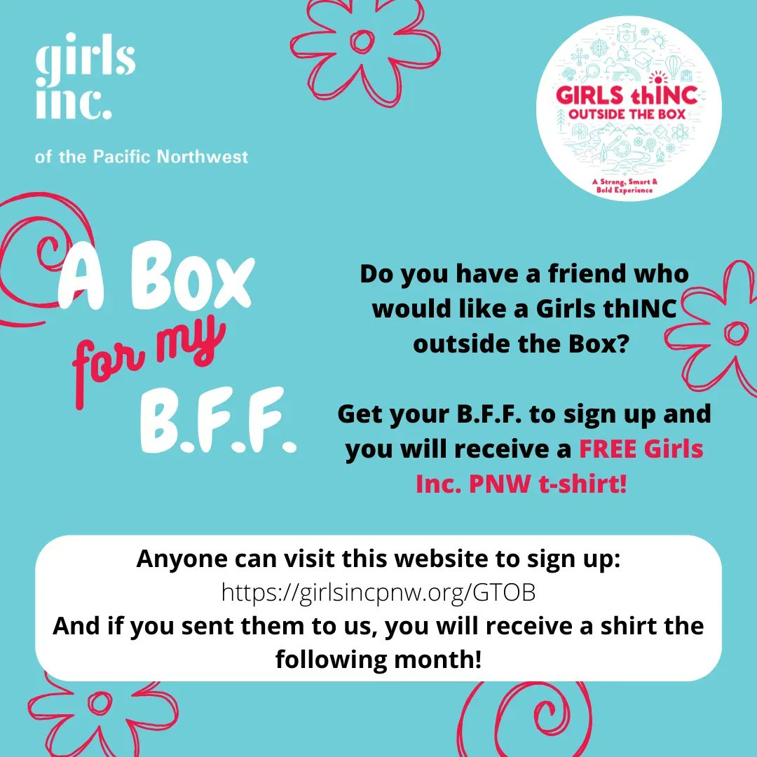 GIRLS thINC Outside the Box registration is open and will be continuing to serve youth across Oregon and Washington with seasonal boxes. Anyone can visit girlsincpnw.org/gtob/ to sign up and if you referred them to us, you will receive a shirt the following box!