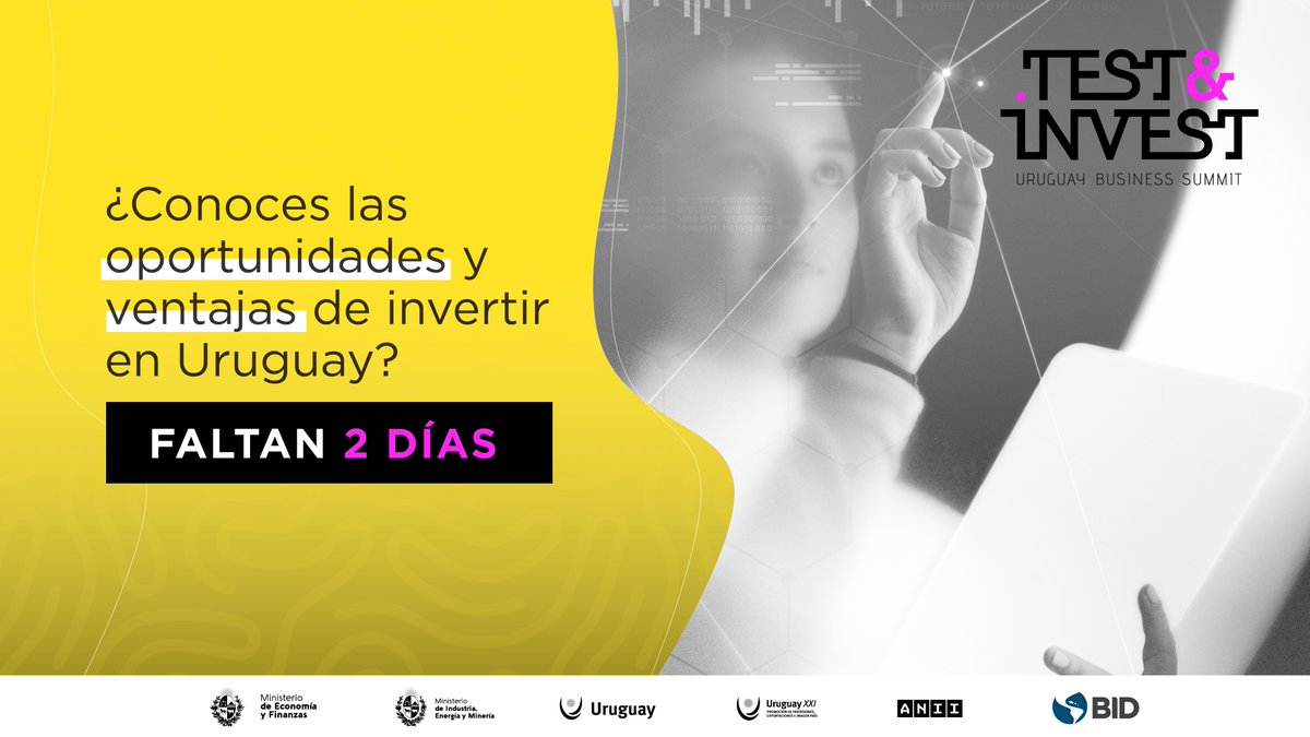 Faltan 2 días para #TESTnINVEST - Uruguay Business Forum. Conéctate el jueves a la transmisión en vivo para conocer las principales tendencias, oportunidades y beneficios que convierten a #Uruguay en un hub de negocios e innovación tecnológica en #AmLat.bddy.me/3fnEV3o