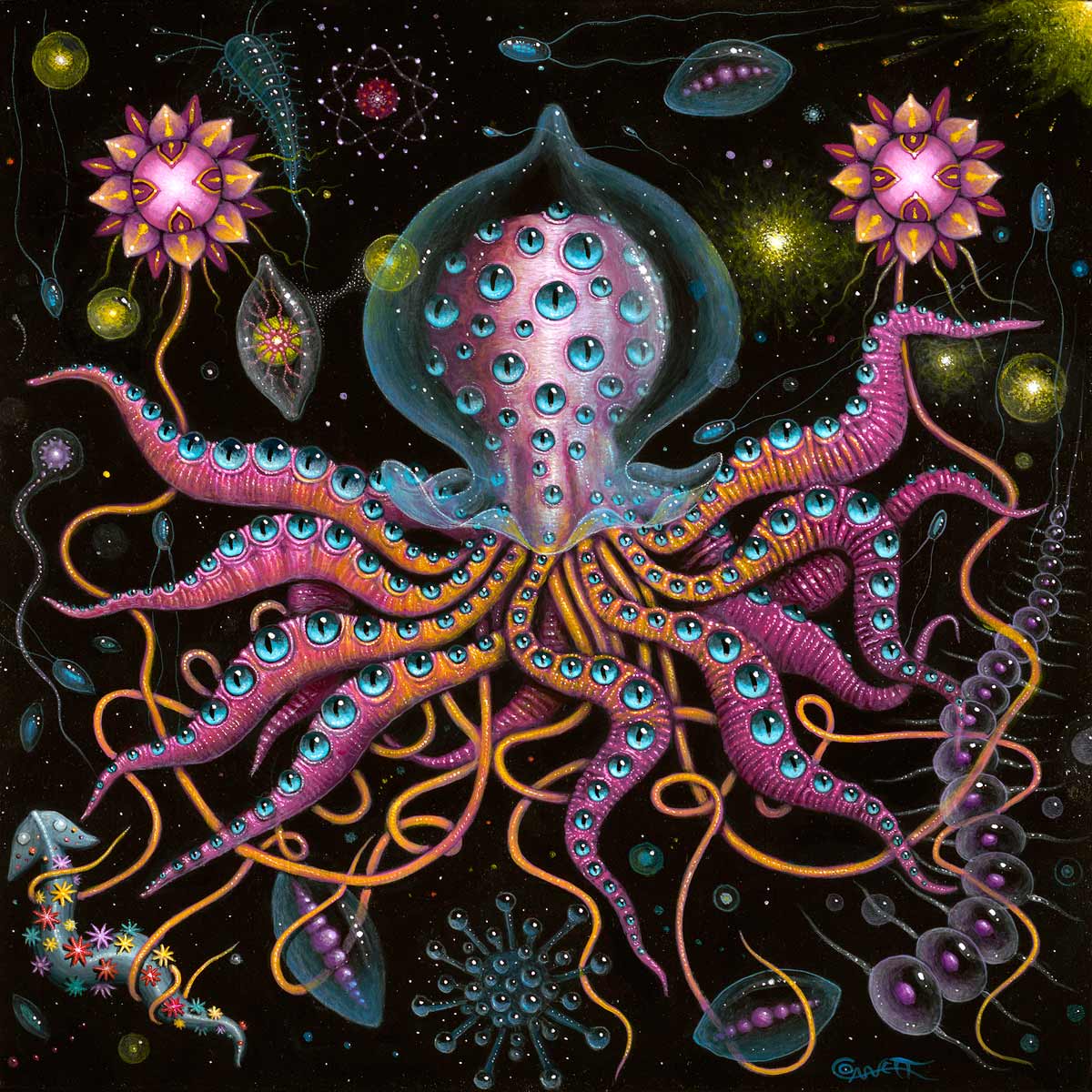 Here's a small painting just completed, 9 x 9".  The title is PLANKTONAUTS v6, part of  my Space Plankton series.