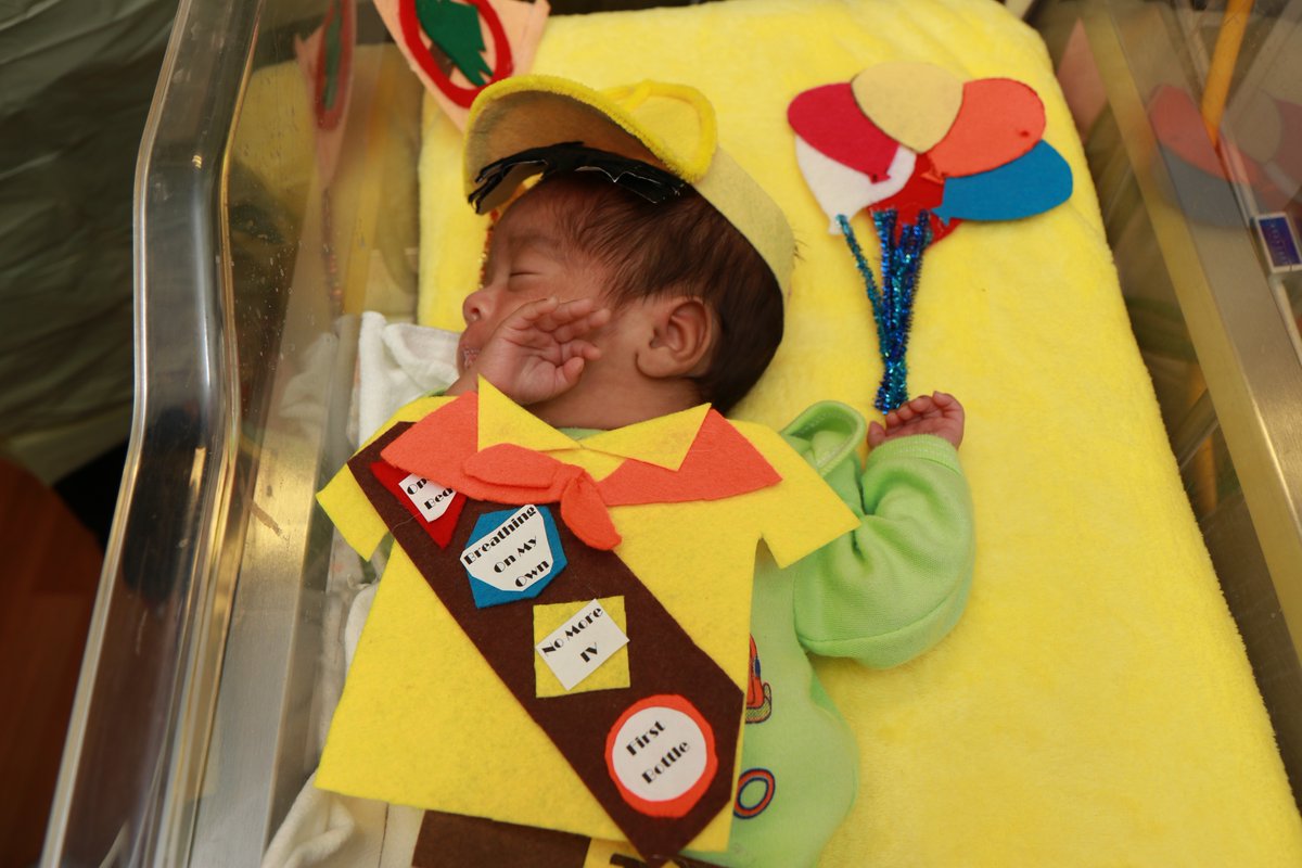 Parkland's tweet photo. Happy Halloween! Parents of newborns in the Neonatal Intensive Care Unit (NICU) at Parkland created costumes for their little ‘trick-or-treaters’ to celebrate their very first Halloween in style. https://t.co/RElxR1AvvK