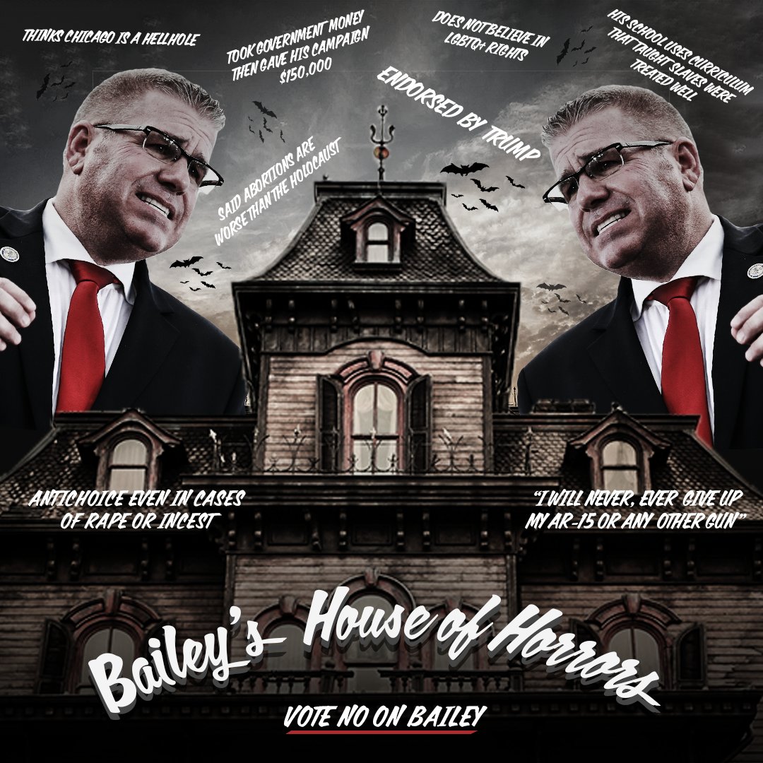 danger_bailey's tweet photo. Happy Halloween! If Darren Bailey wins, he’d subject all of Illinois to his House of Horrors. 

The scariest thing you can do is sit out this election. Go to https://t.co/Fp5OTykaft and make a plan to vote. #ILGov https://t.co/QRh4074Wli
