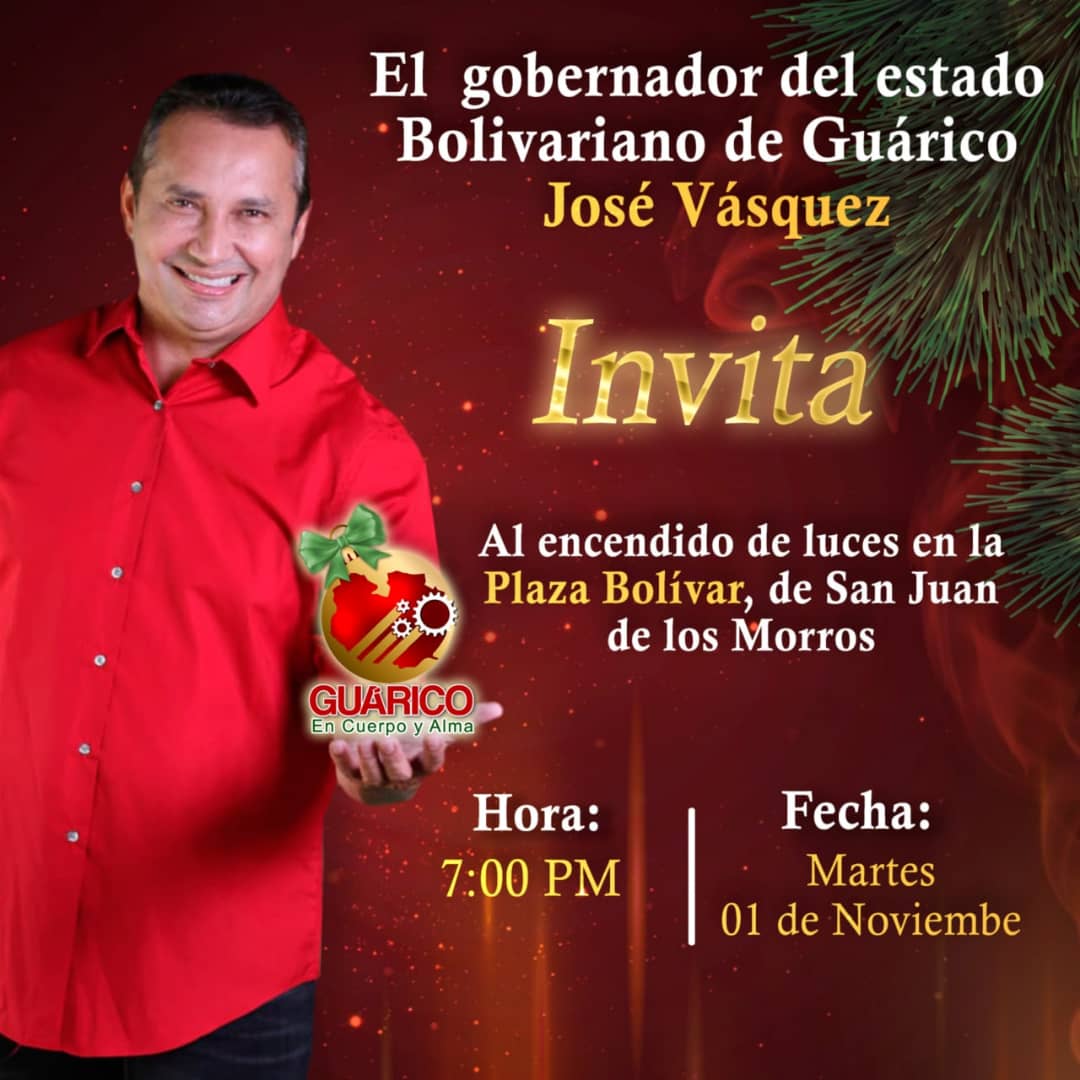 #Entérate📣 Nuestro Gob. <a href="/josemvasquez/">José Vásquez</a> , te invita al encendido de luces en la Plaza Bolívar, de San Juan de los Morros, mañana martes #01Nov a las 7:00 PM.
¡TE ESPERAMOS!
<a href="/NicolasMaduro/">Nicolás Maduro</a>
<a href="/Gob_Guarico/">Gobierno de Guárico</a> 
#BrasilRenaceConLula 
#VamosPaLante