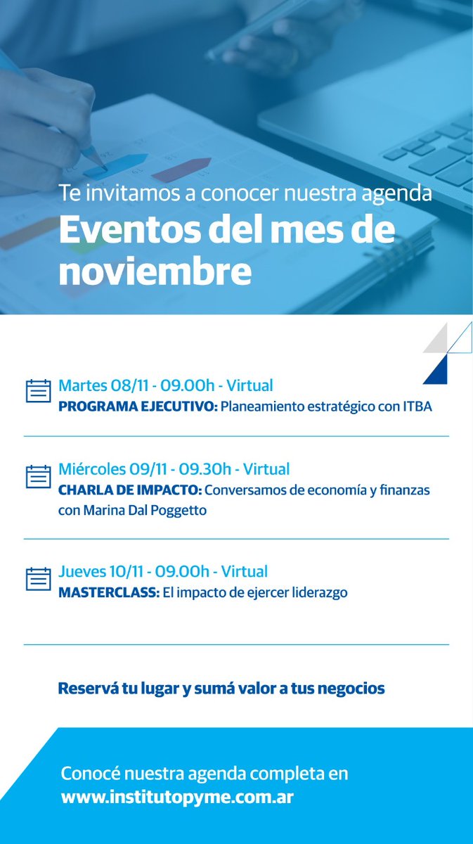 Compartimos las primeras actividades de #Noviembre 
➡️ Conocé toda nuestra agenda aquí
institutopyme.com.ar/agenda/
#bancociudad #capacitacion 
#itba #marinadalpoggetto #sofiaserrano