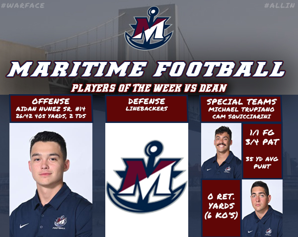 MaritimeFB's tweet photo. Players of the Week vs Dean

Congrats men!
⚓️🏴‍☠️🏈⚓️🏴‍☠️🏈

#MaritimeFootball
#WARFACE https://t.co/DQxKAhsmkb