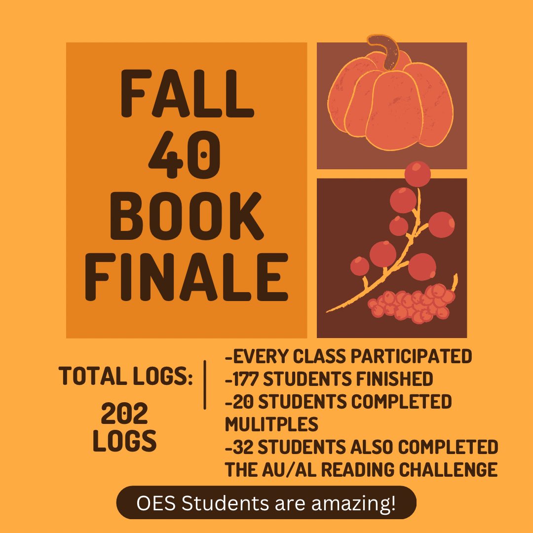library_OESSCC's tweet photo. 🍁🍂The OES Fall 40 Book Challenge is complete! Students were challenged to read 40 books in October.  We are so proud of our students!  Check out the stats below! 🍂🍁 ⁦@sccboe⁩ #greatdayinSCC #everystudentprepared #40bookchallenge https://t.co/lBUAy6TXzM