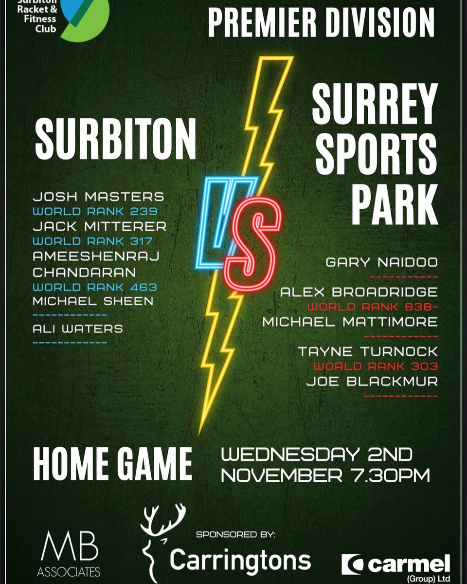 Epic Wednesday Alert 🚨 Get yourselves down to the SRFC squash courts to see both the men’s and women’s first teams in action. Top level squash for all, in one place, and free. What more could you want?! #SurreySquash