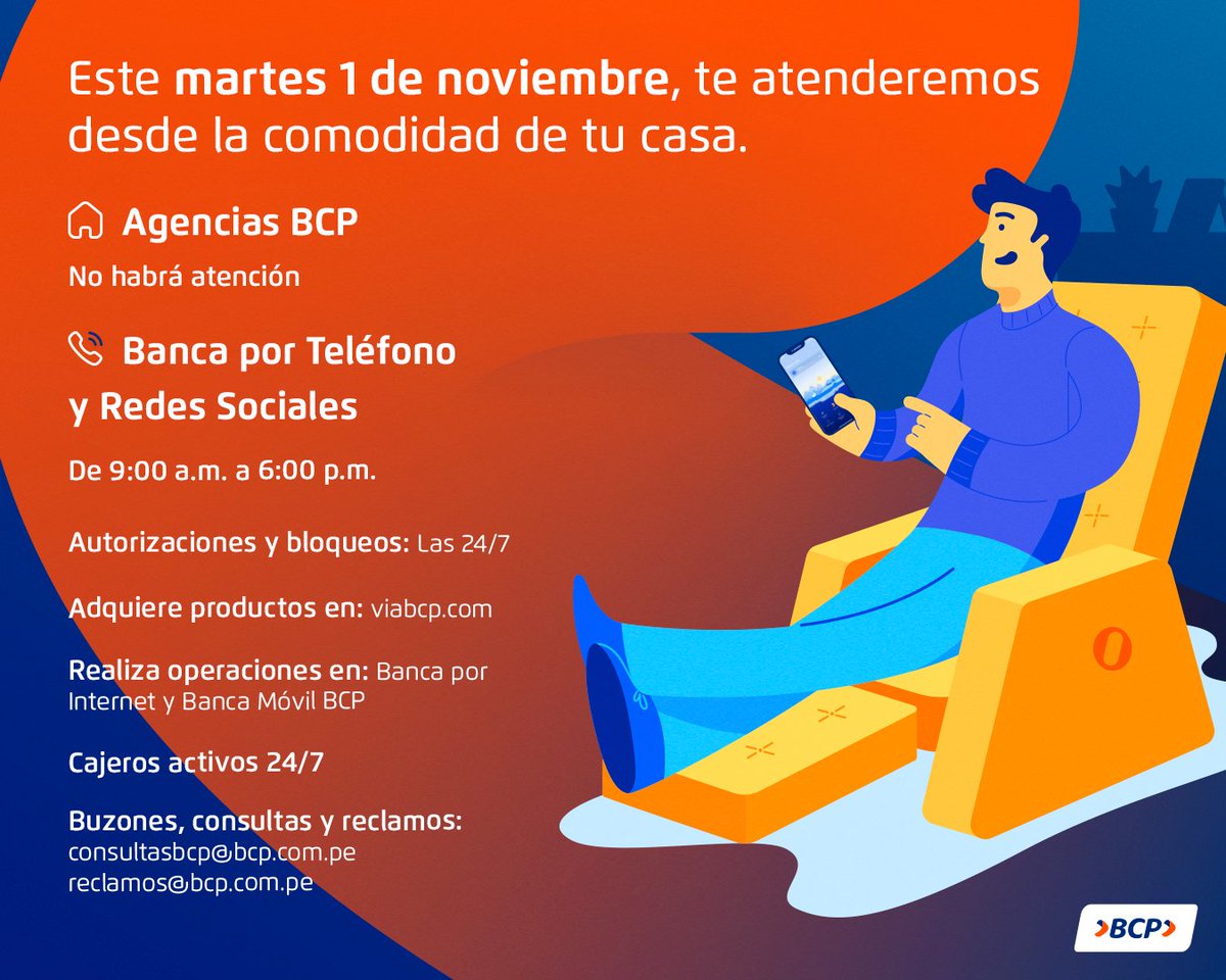 Mañana, martes 1ero de noviembre, por ser feriado 🗓️, todas nuestras agencias a nivel nacional 🏬 no atenderán 📣. No olvides que puedes realizar tus consultas y operaciones, usando nuestros canales digitales 📞💻📱.