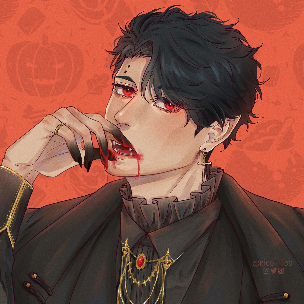 vampire 1boy jewelry male focus red eyes black hair blood  illustration images