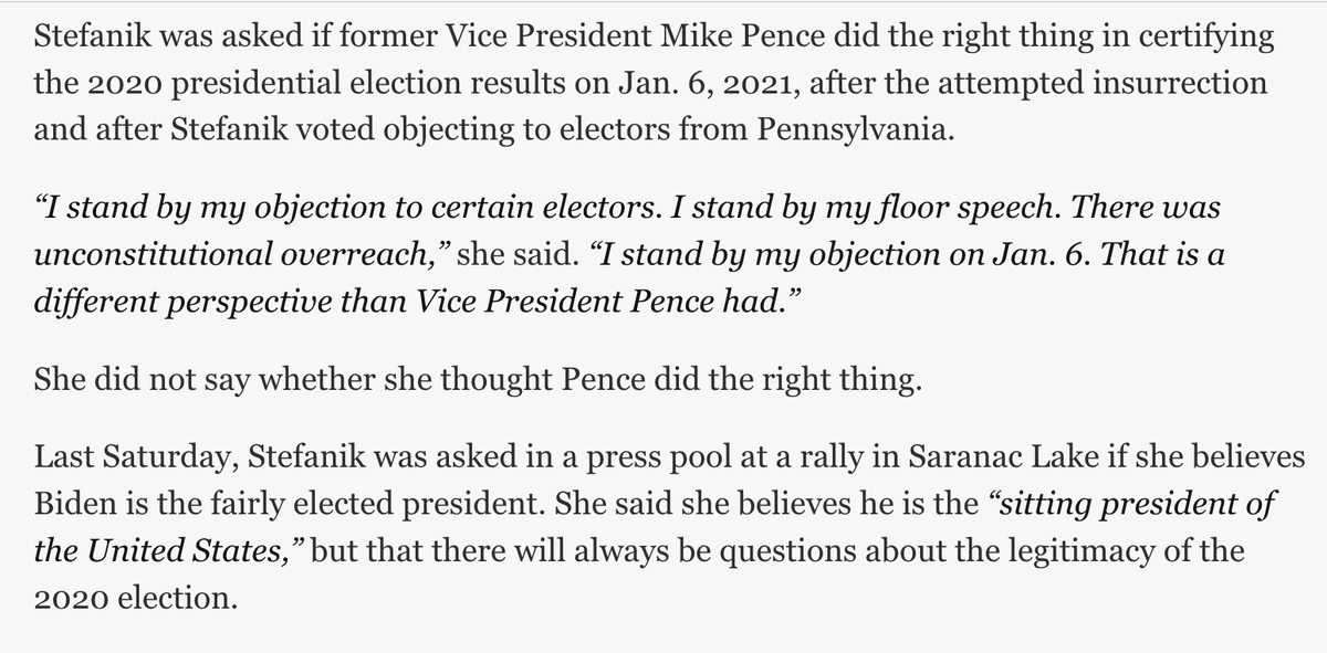 Elise Stefanik is a dangerous election denier - promoting the Big Lie, denying the outcome of the 2020 election. When asked if she thought VP Pence did the right thing certifying the results - she opposed his actions.

She is a threat to our democracy and a threat to #NY21.