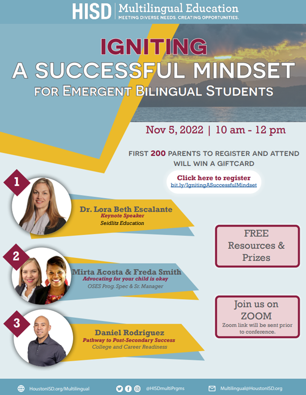 Magda_PD_Team's tweet photo. Parents, you do not want to miss this great opportunity to gain information to support your Emergent Bilingual student. Translation will be available in multiple languages! So register today! @HISDMultiPrgms @alamo_valentina @ByromJocelin @holly_shum #MLPDTeam https://t.co/t9zgztm4hk