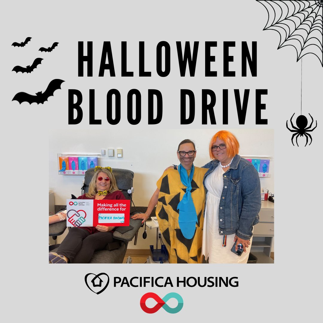 PacificaHousing's tweet photo. Happy Halloween from #TeamPacifica! As always, our dedicated staff are thinking of others at this spooky time of year by organizing a blood drive – in costume – at our local Canadian Blood Services clinic❤️#CanadasLifeline #BloodForLife @LifelineBCY https://t.co/OXbFU2BoZ7