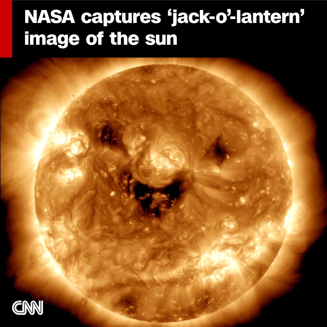 CNN's tweet photo. A NASA observatory has captured what appears to be a jack-o’-lantern-esque smile on the sun’s surface https://t.co/nm5PogE9qm https://t.co/xO9Eu6BH0P
